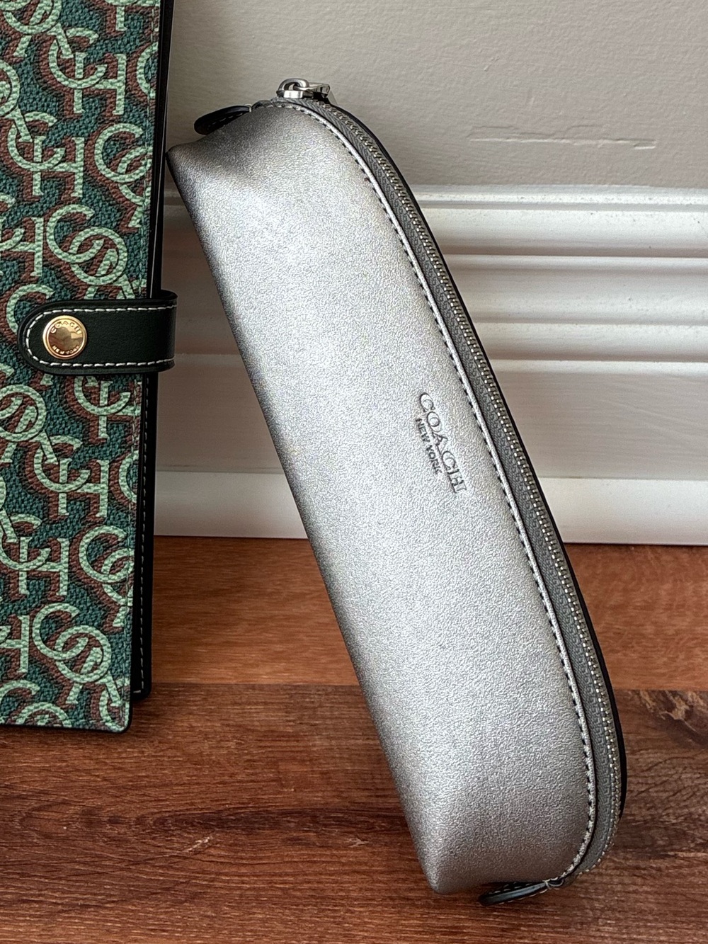 Coach Foil Metallic Leather Pencil Case, Silver / Metallic Ash, CP492